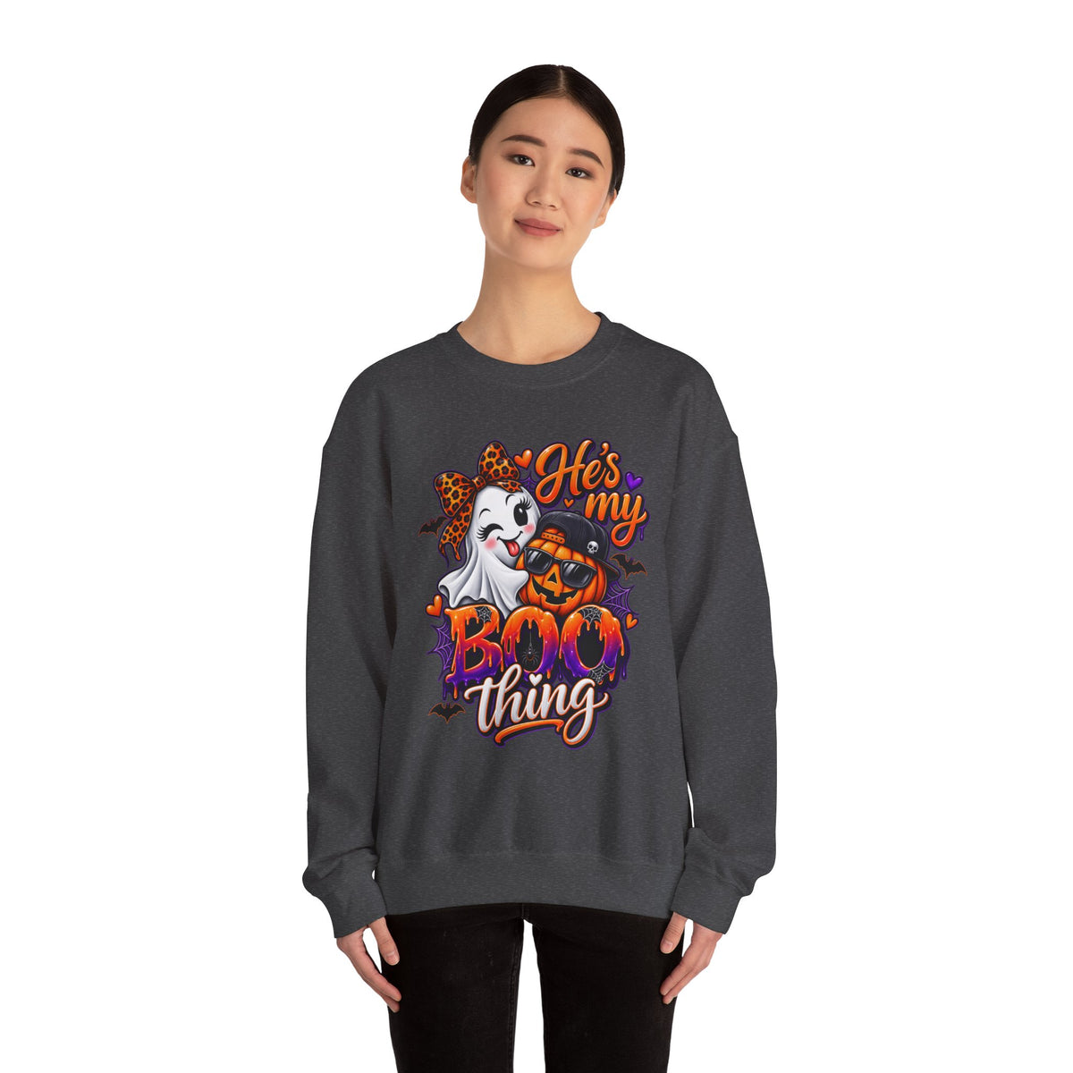 Sweatshirt — "He's My Boo Thing" Halloween Ghost & Jack-O'-Lantern Crewneck