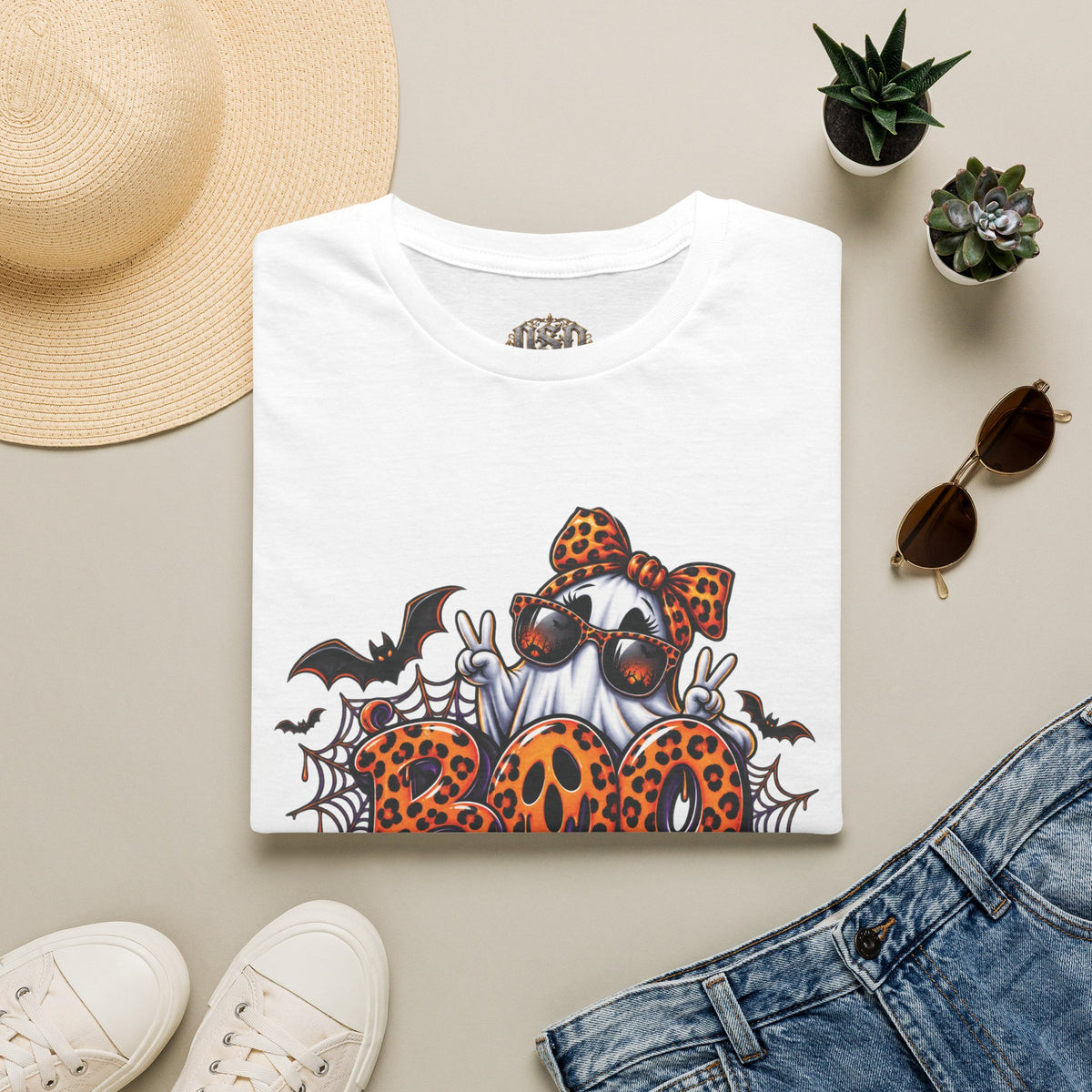 Ghost Boo Leopard Halloween T-Shirt — 'Boo' Graphic Pumpkin Bat Tee