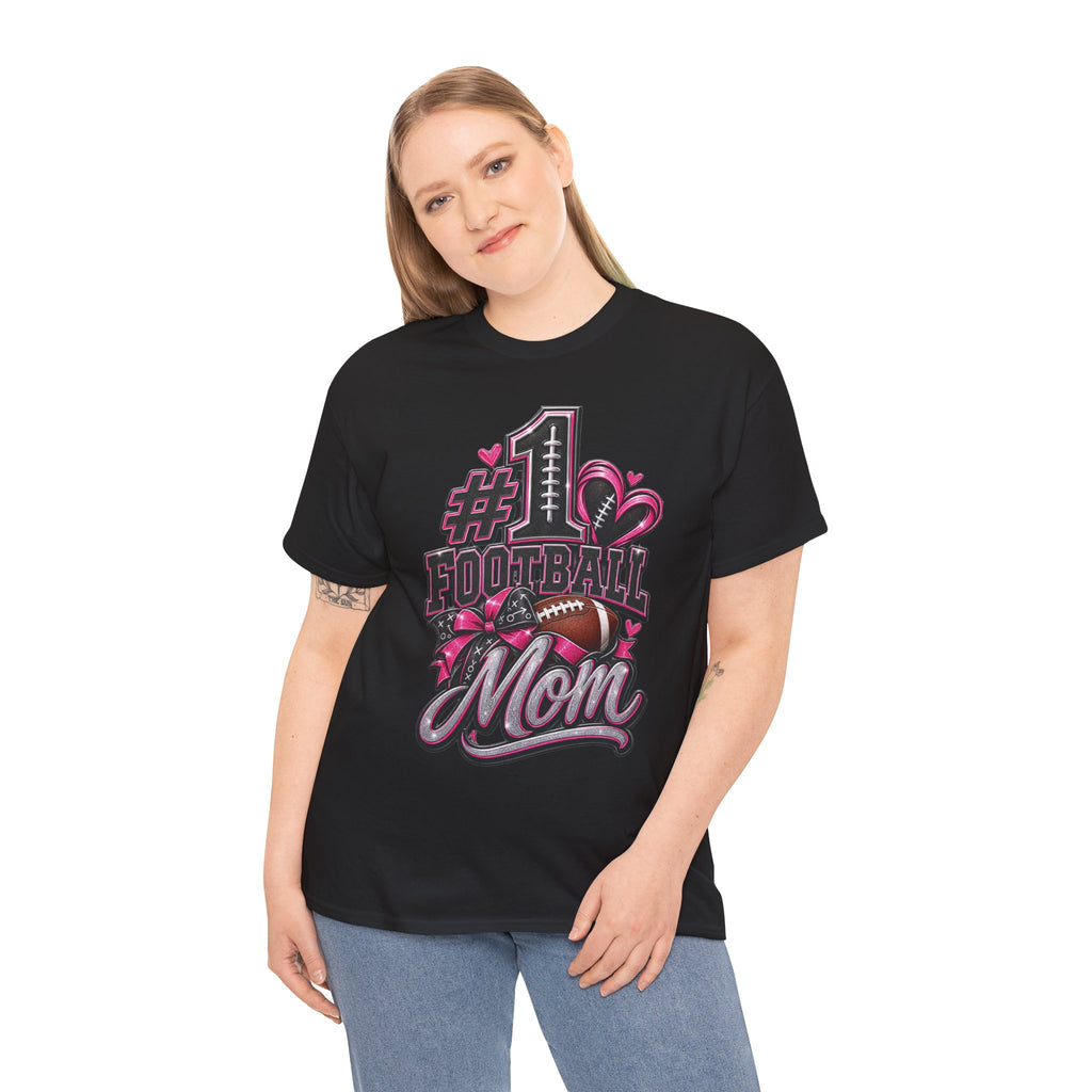 #1 Football Mom T-Shirt — Pink Heart Football Mom Tee for Game Day