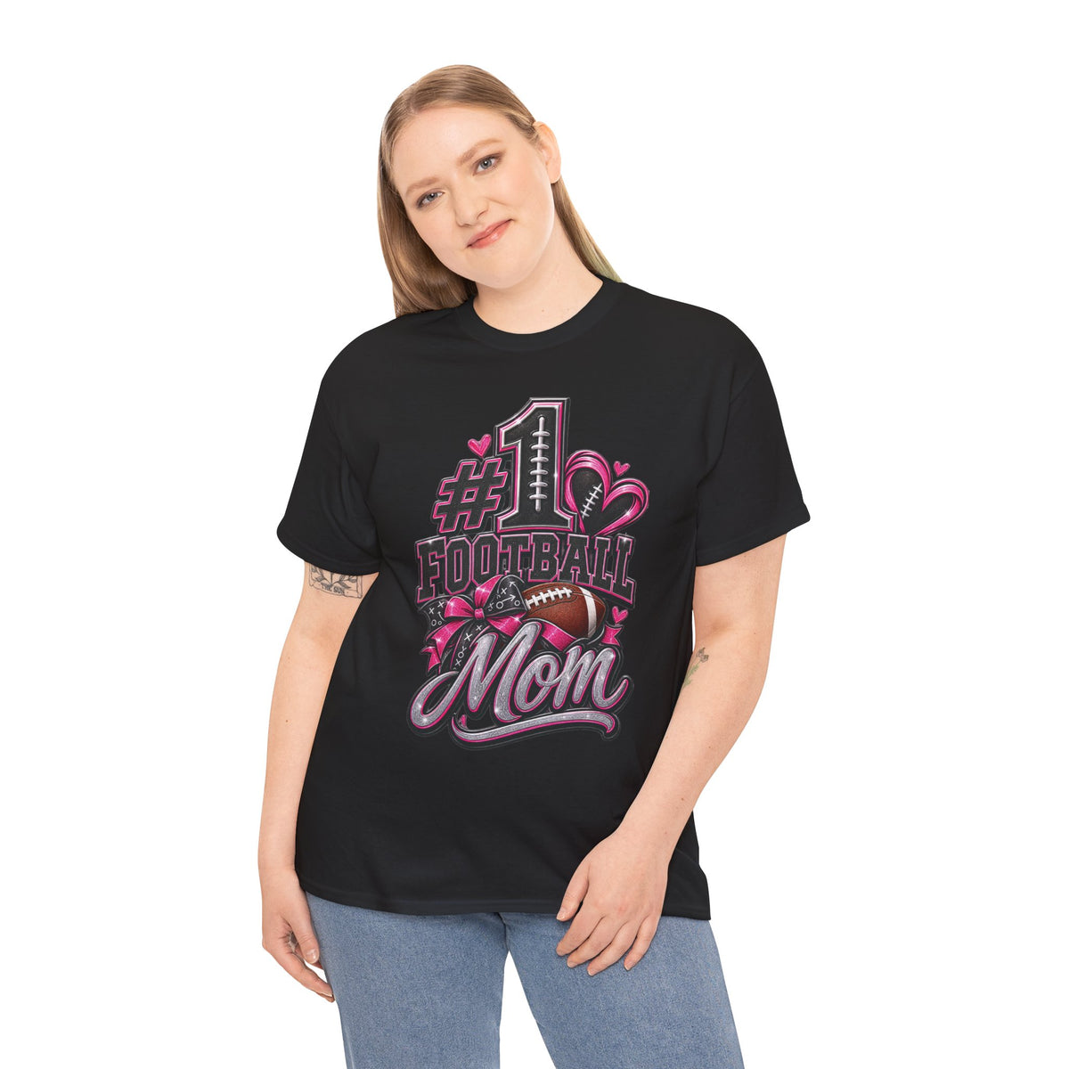 #1 Football Mom T-Shirt — Pink Heart Football Mom Tee for Game Day