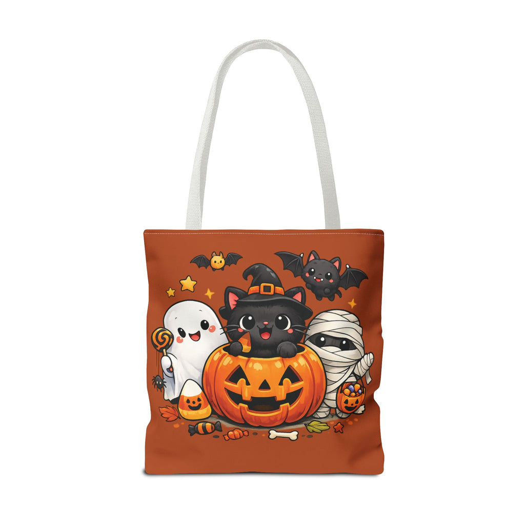 Halloween Cute Cat Pumpkin Tote Bag — Trick-or-Treat Witch Cat & Mummy Design