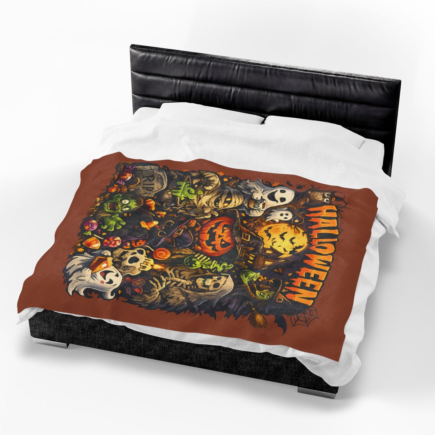 Halloween Velveteen Plush Blanket — Cute Spooky Pumpkin, Ghosts & Skeletons Throw