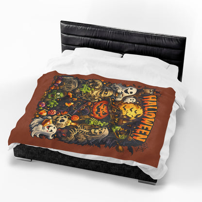 Halloween Velveteen Plush Blanket — Cute Spooky Pumpkin, Ghosts & Skeletons Throw