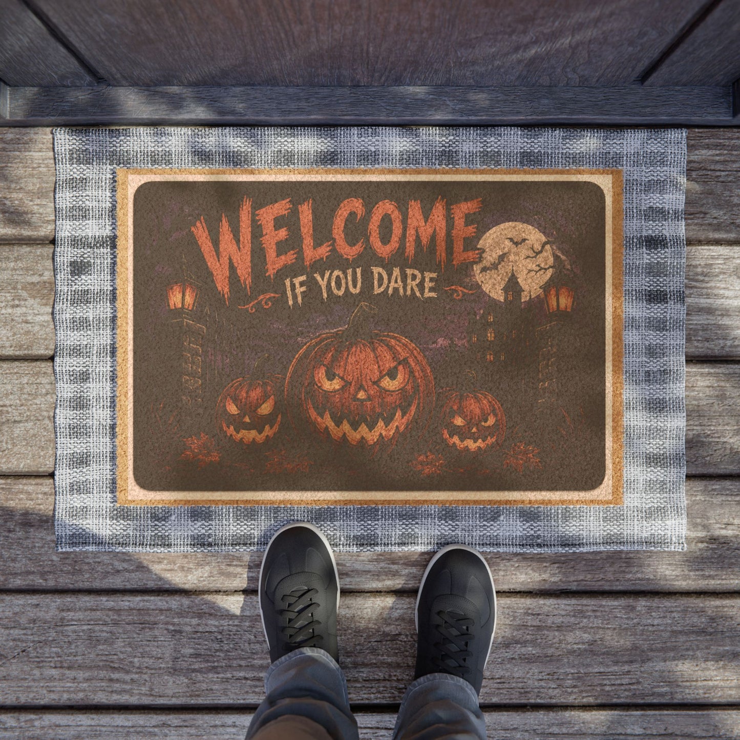Halloween "Welcome If You Dare" Doormat — Spooky Pumpkin Entrance Mat