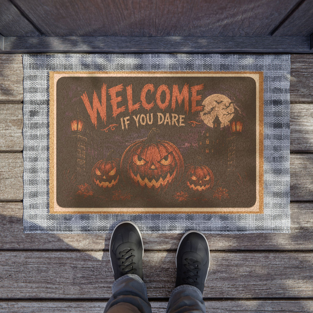 Halloween "Welcome If You Dare" Doormat — Spooky Pumpkin Entrance Mat