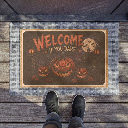 Halloween "Welcome If You Dare" Doormat — Spooky Pumpkin Entrance Mat
