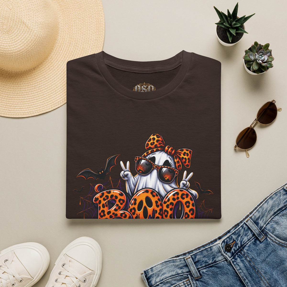 Ghost Boo Leopard Halloween T-Shirt — 'Boo' Graphic Pumpkin Bat Tee