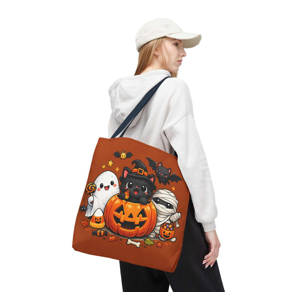 Halloween Cute Cat Pumpkin Tote Bag — Trick-or-Treat Witch Cat & Mummy Design