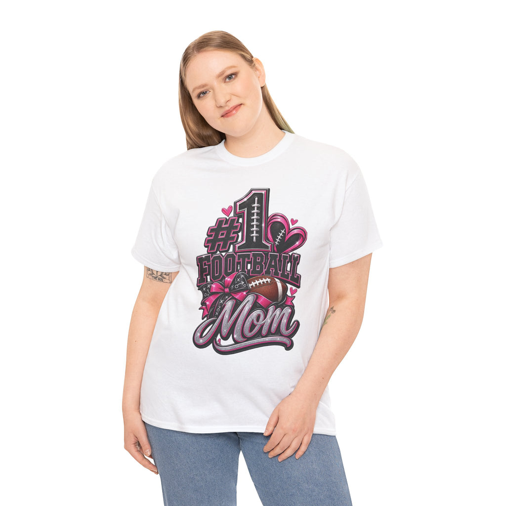 #1 Football Mom T-Shirt — Pink Heart Football Mom Tee for Game Day