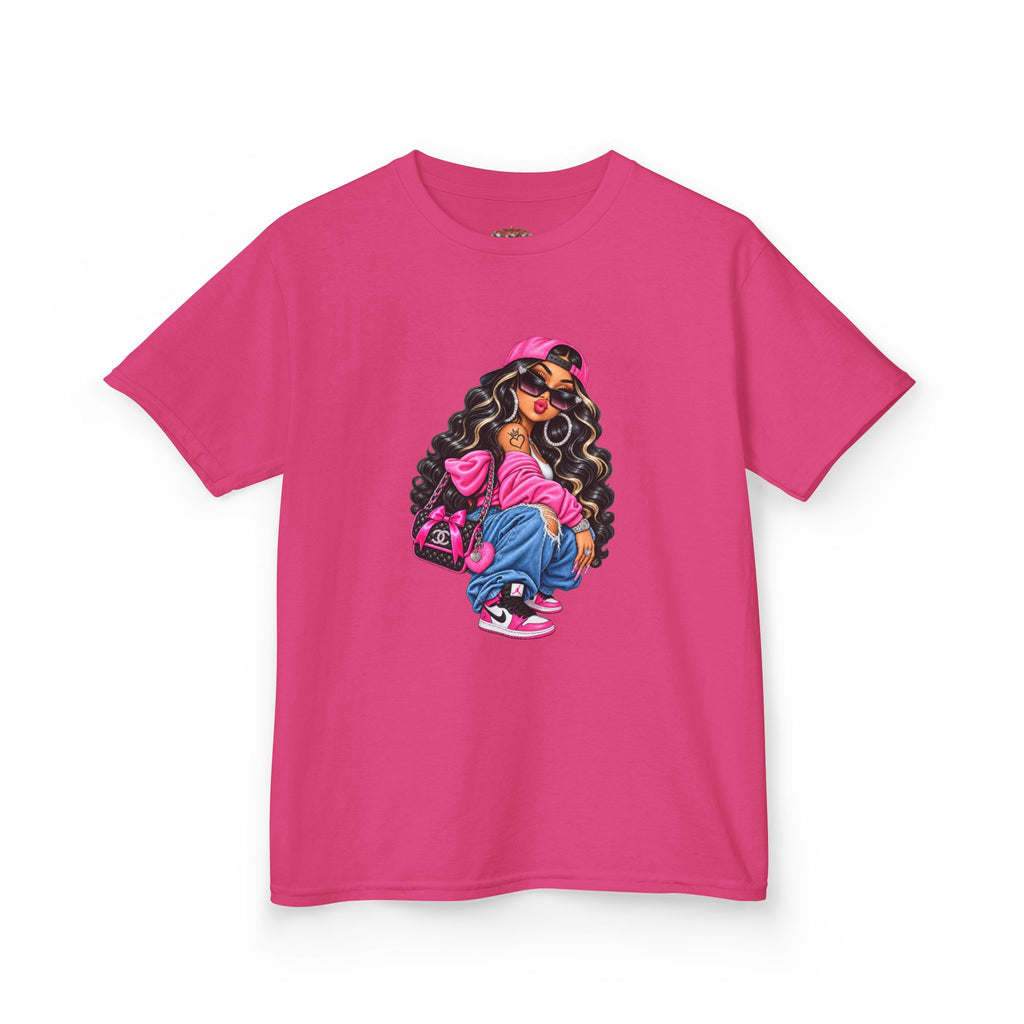 Kids Tee — Cool Girl Graphic Shirt (pink hat, backpack)