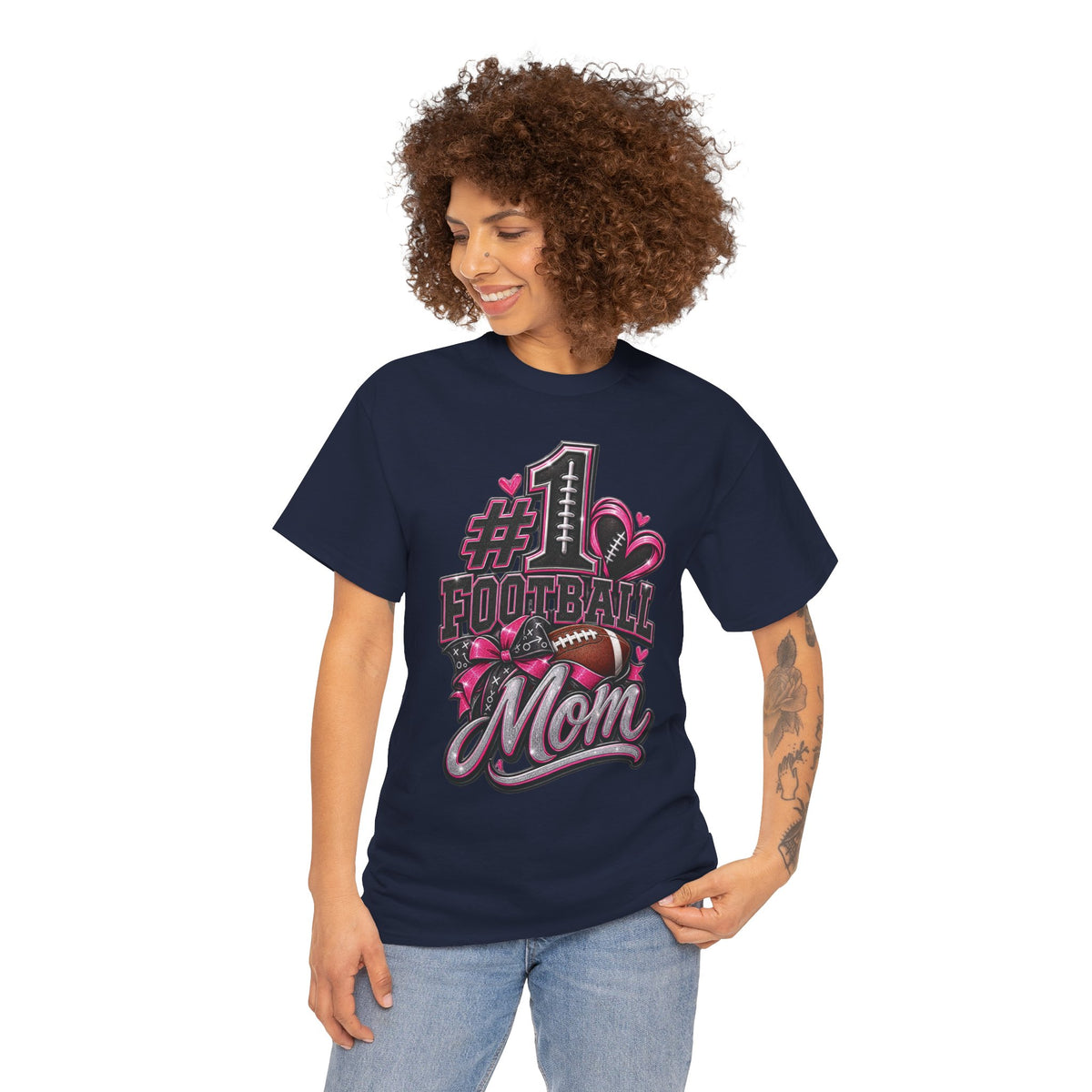 #1 Football Mom T-Shirt — Pink Heart Football Mom Tee for Game Day