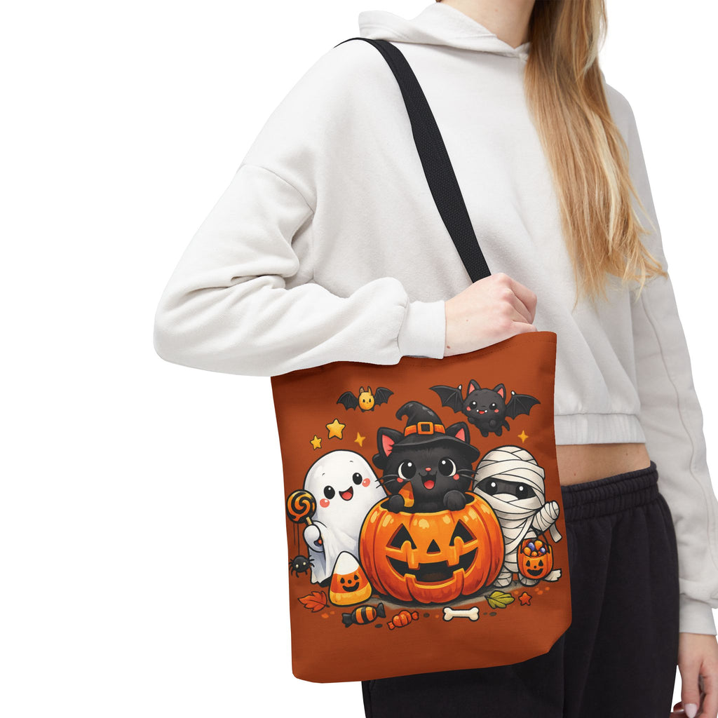 Halloween Cute Cat Pumpkin Tote Bag — Trick-or-Treat Witch Cat & Mummy Design