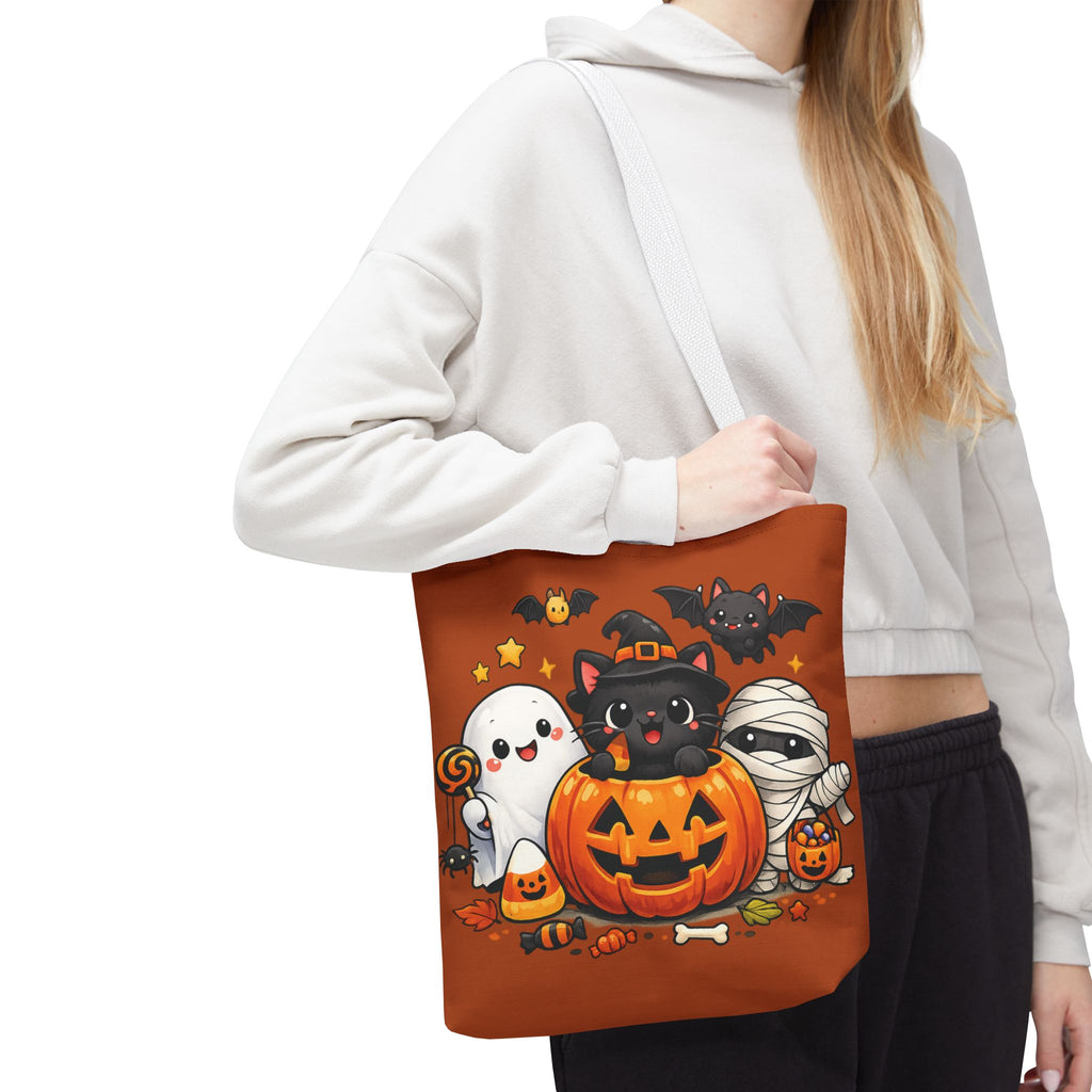 Halloween Cute Cat Pumpkin Tote Bag — Trick-or-Treat Witch Cat & Mummy Design