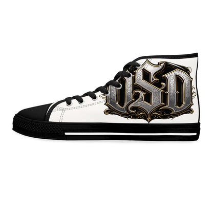 Women's High Top Sneakers — Gothic Monogram Black & Gold Vintage Initials