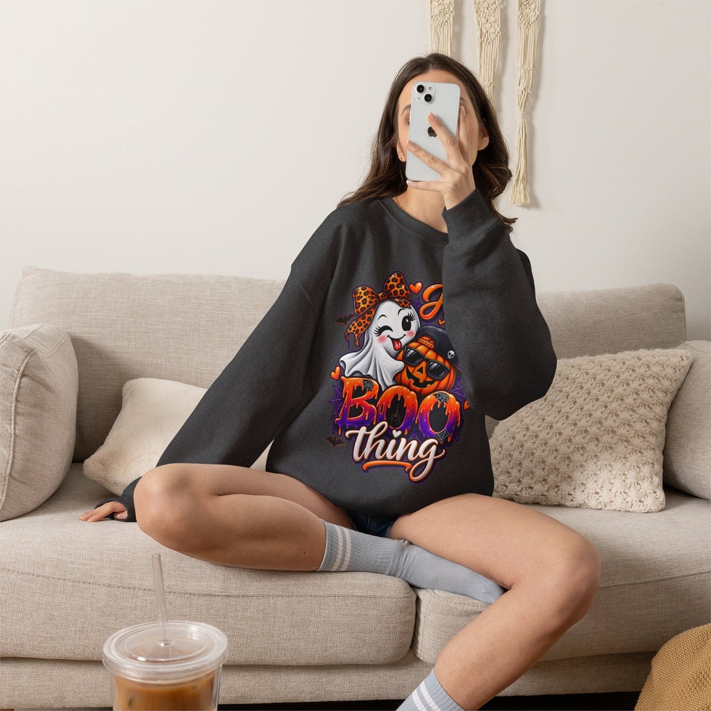 Sweatshirt — "He's My Boo Thing" Halloween Ghost & Jack-O'-Lantern Crewneck