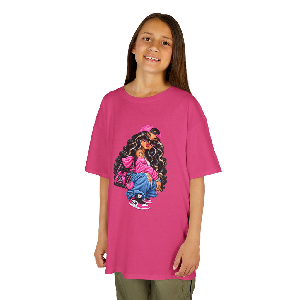 Kids Tee — Cool Girl Graphic Shirt (pink hat, backpack)