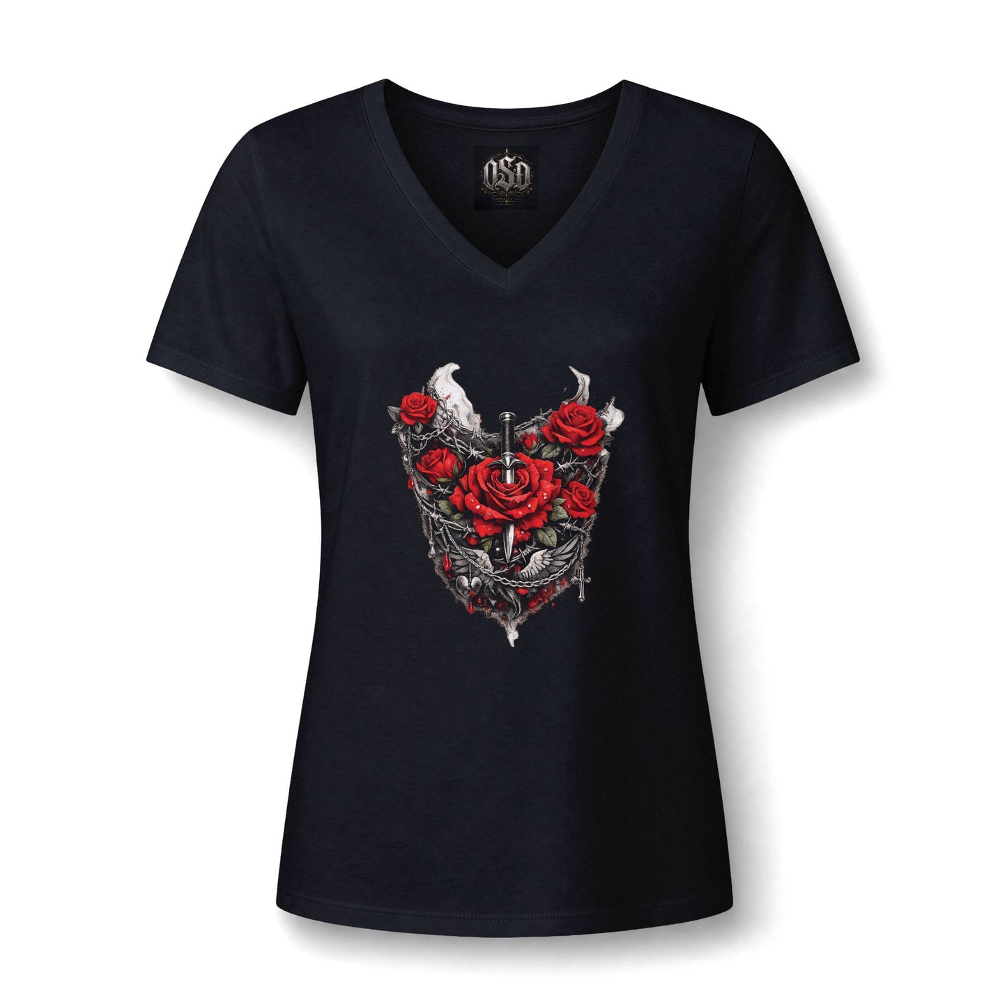 Women’s V-Neck Tee — Gothic Rose Dagger Heart Graphic