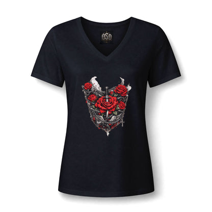 Women’s V-Neck Tee — Gothic Rose Dagger Heart Graphic
