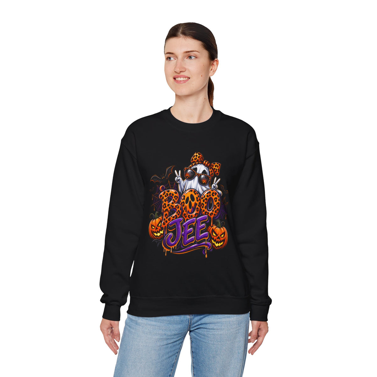 Halloween Ghost Crewneck Sweatshirt — 'Boo Jee' Leopard Pumpkin Graphic