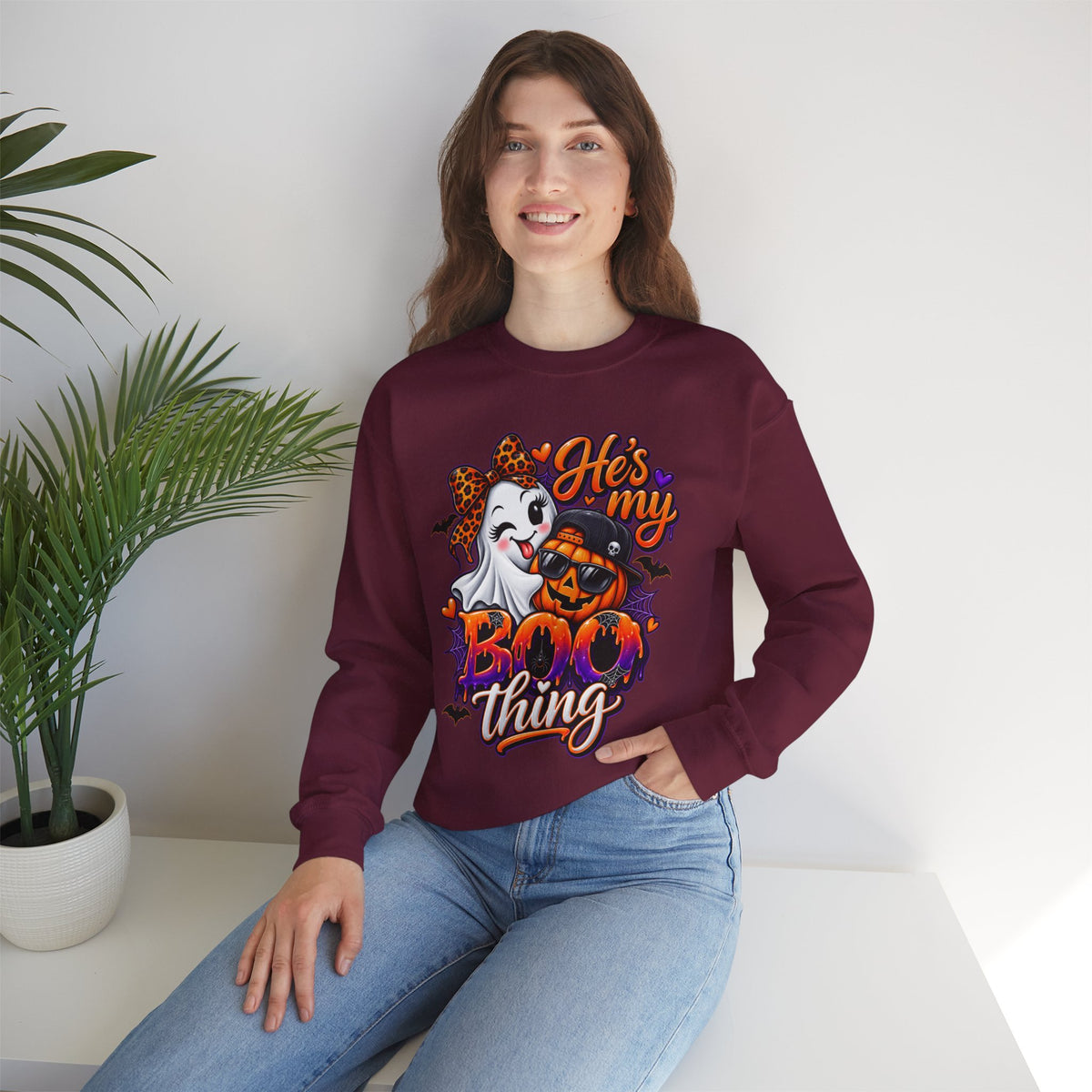 Sweatshirt — "He's My Boo Thing" Halloween Ghost & Jack-O'-Lantern Crewneck