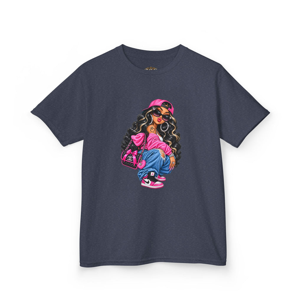 Kids Tee — Cool Girl Graphic Shirt (pink hat, backpack)