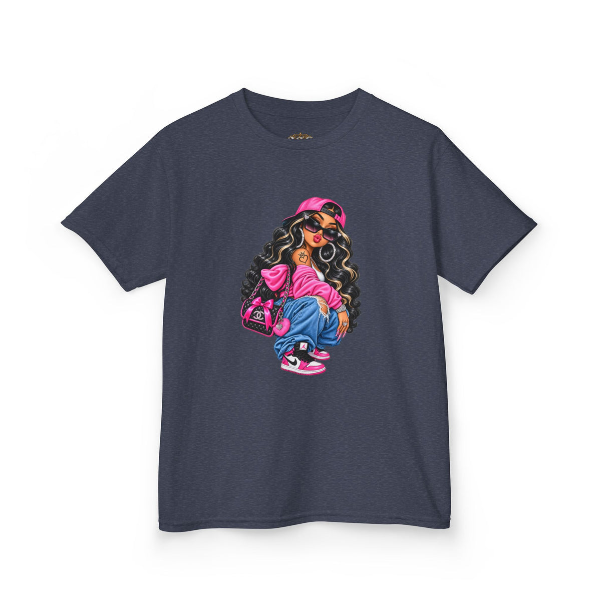 Kids Tee — Cool Girl Graphic Shirt (pink hat, backpack)