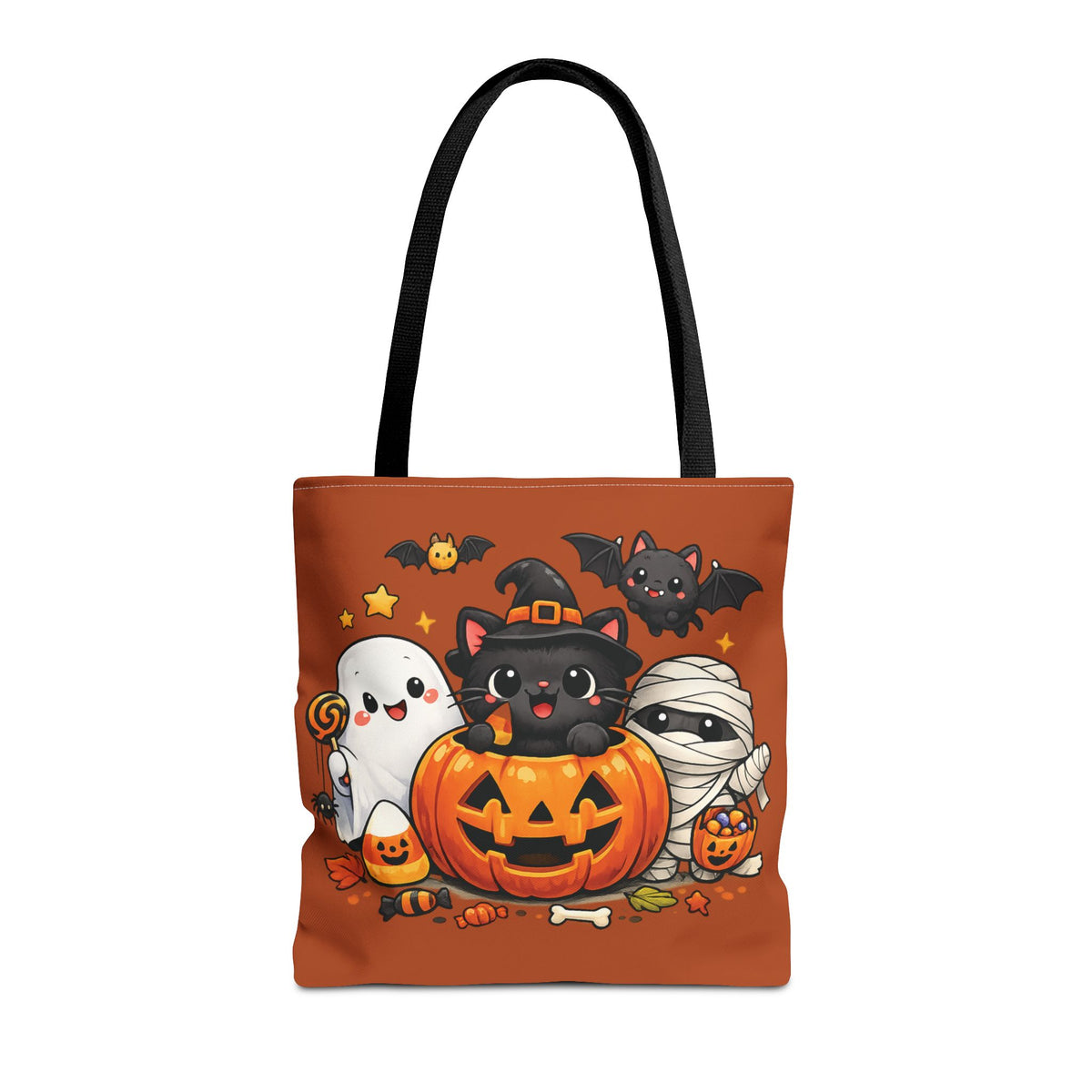 Halloween Cute Cat Pumpkin Tote Bag — Trick-or-Treat Witch Cat & Mummy Design