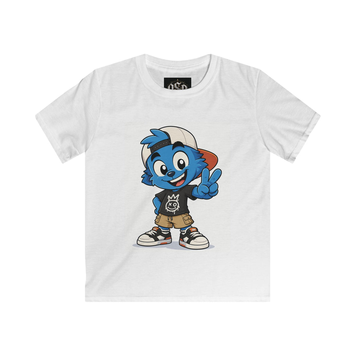 Kids Tee — Blue Cartoon Character Peace Sign Graphic Shirt