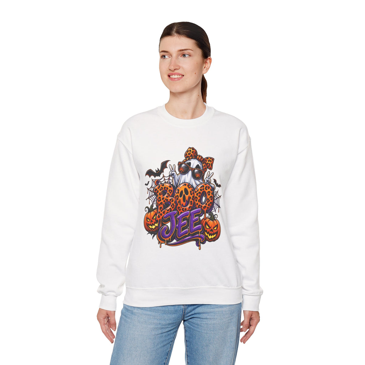 Halloween Ghost Crewneck Sweatshirt — 'Boo Jee' Leopard Pumpkin Graphic
