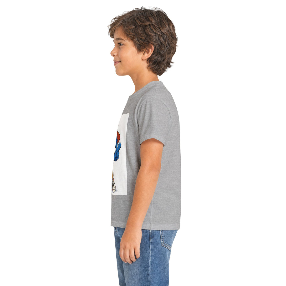 Kids Tee — Blue Cartoon Character Peace Sign Graphic Shirt