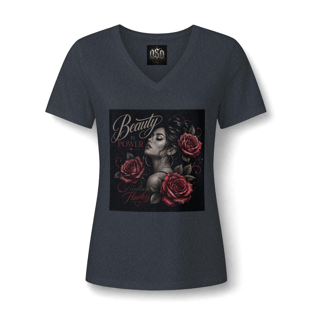 Women's V‑Neck Tee — "Beauty & Power" Gothic Rose Graphic