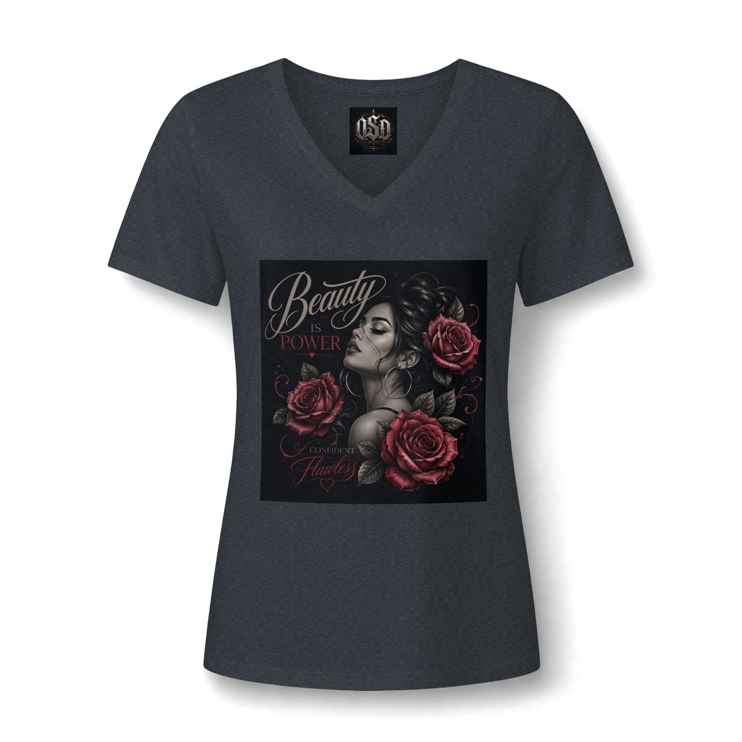 Women's V‑Neck Tee — "Beauty & Power" Gothic Rose Graphic