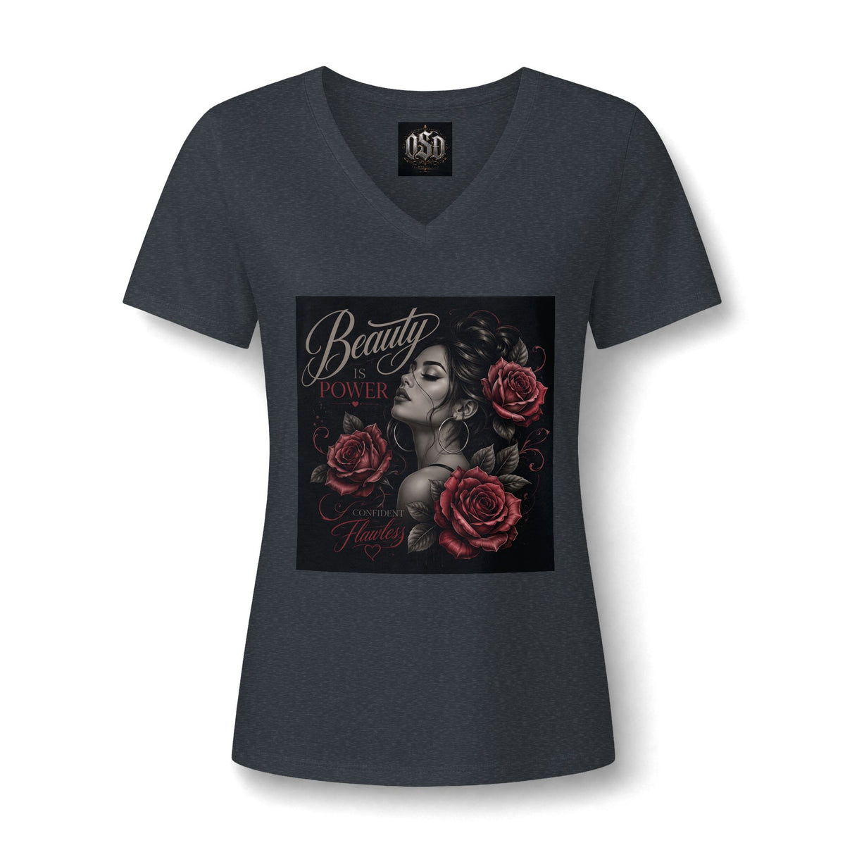 Women's V‑Neck Tee — "Beauty & Power" Gothic Rose Graphic