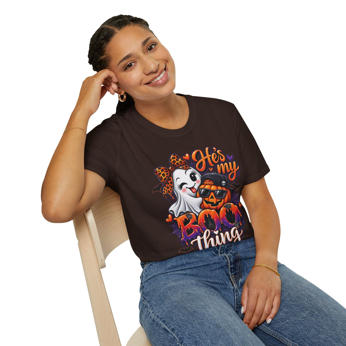 Halloween "He's My Boo Thing" T-Shirt — Cute Ghost & Pumpkin Couple Tee