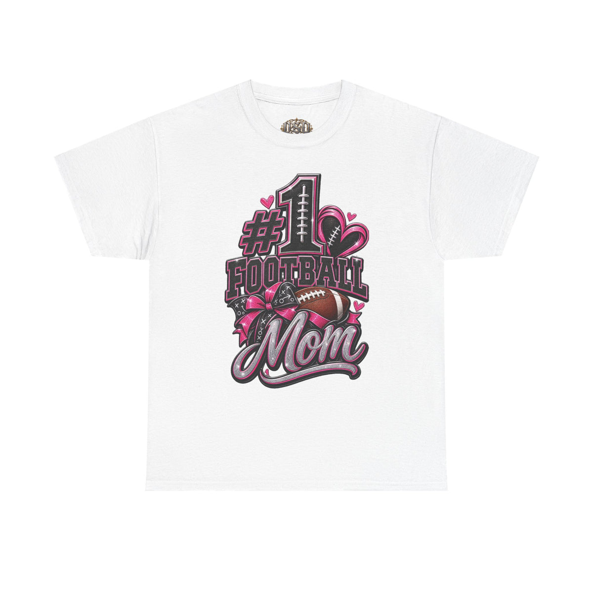#1 Football Mom T-Shirt — Pink Heart Football Mom Tee for Game Day