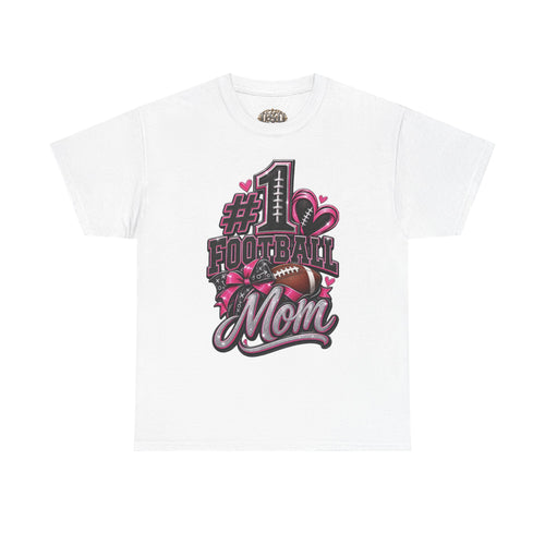 #1 Football Mom T-Shirt — Pink Heart Football Mom Tee for Game Day