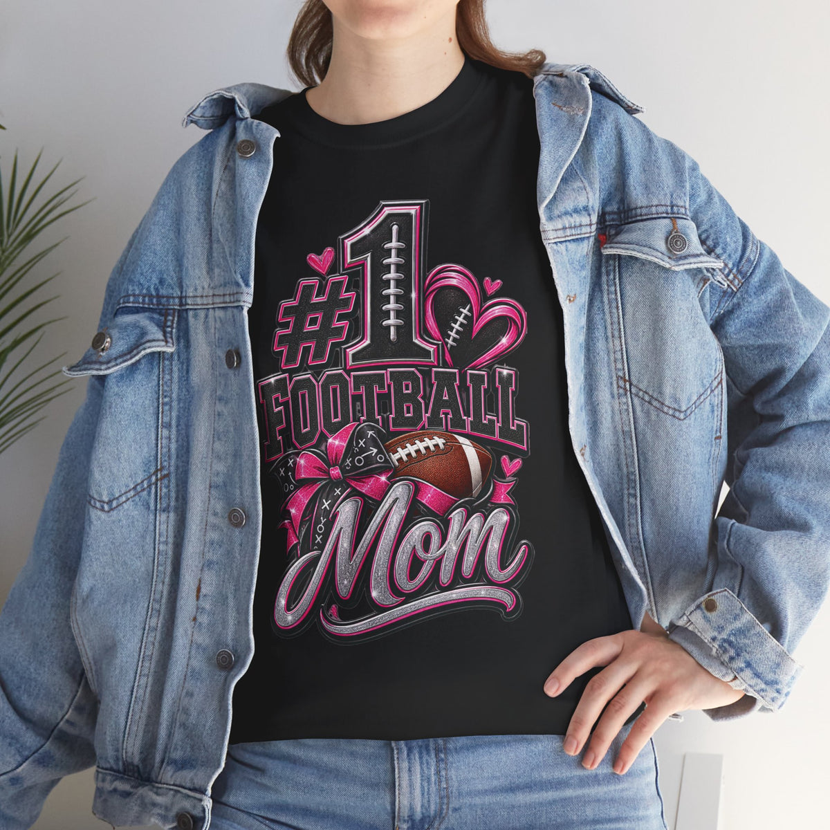 #1 Football Mom T-Shirt — Pink Heart Football Mom Tee for Game Day