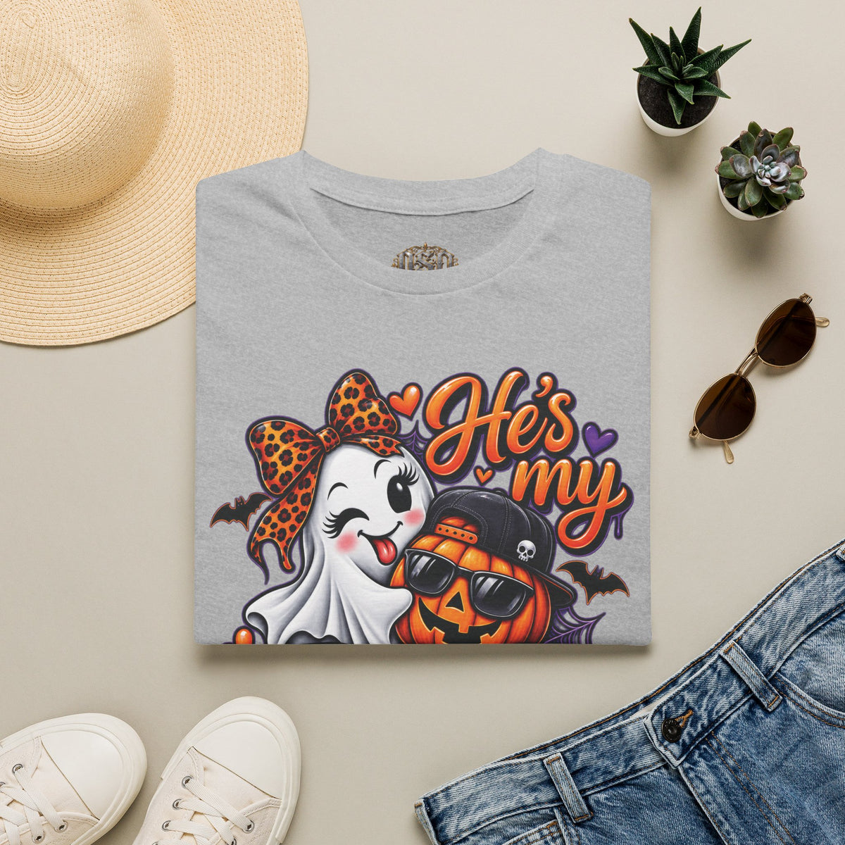 Halloween "He's My Boo Thing" T-Shirt — Cute Ghost & Pumpkin Couple Tee