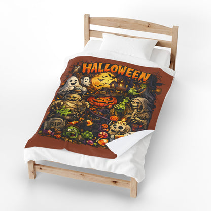 Halloween Velveteen Plush Blanket — Cute Spooky Pumpkin, Ghosts & Skeletons Throw