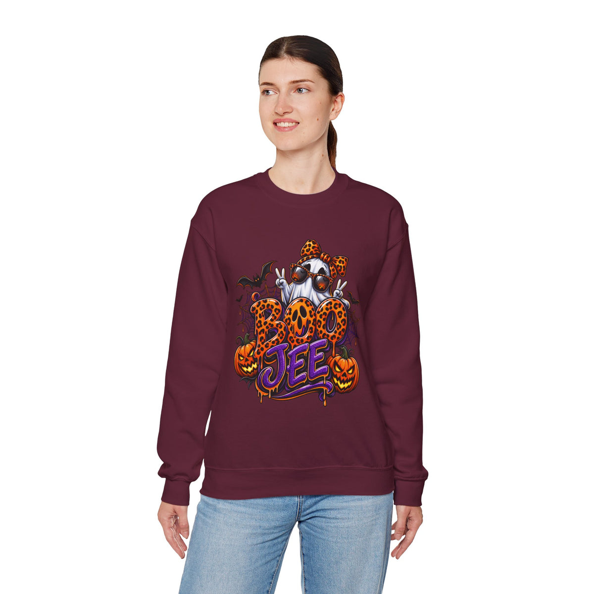 Halloween Ghost Crewneck Sweatshirt — 'Boo Jee' Leopard Pumpkin Graphic
