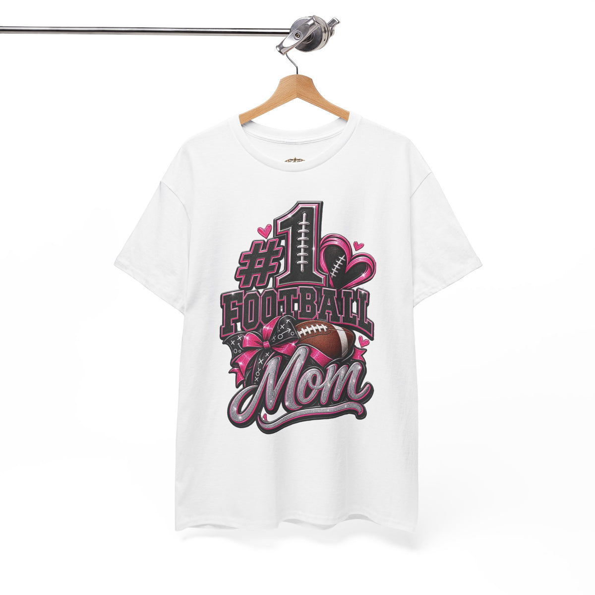 #1 Football Mom T-Shirt — Pink Heart Football Mom Tee for Game Day