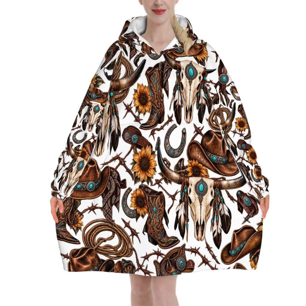 Adult Blanket Hoodie  Western Cowgirl Motif Pattern