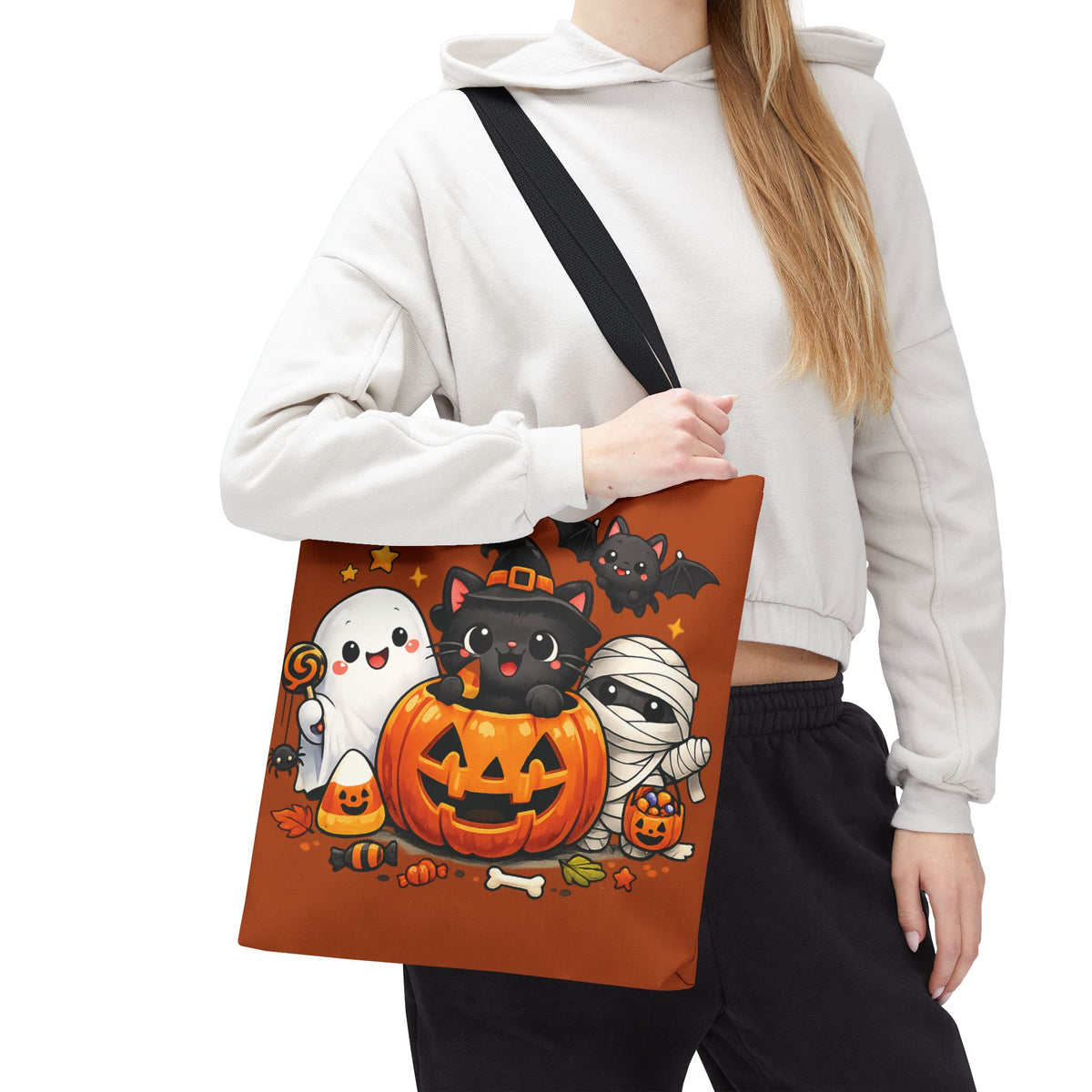 Halloween Cute Cat Pumpkin Tote Bag — Trick-or-Treat Witch Cat & Mummy Design