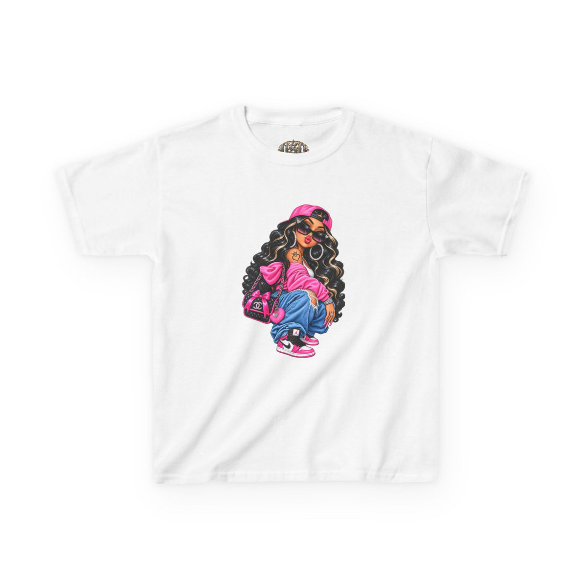 Kids Tee — Cool Girl Graphic Shirt (pink hat, backpack)