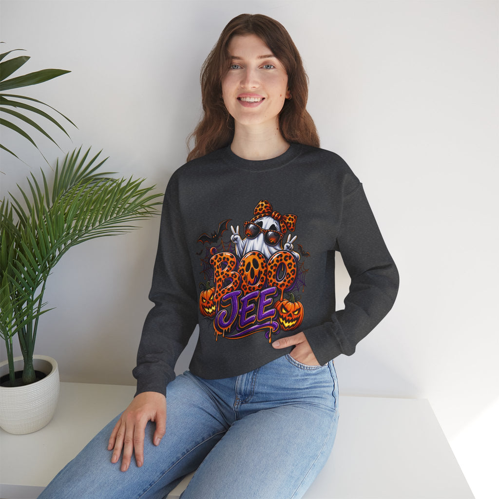 Halloween Ghost Crewneck Sweatshirt — 'Boo Jee' Leopard Pumpkin Graphic