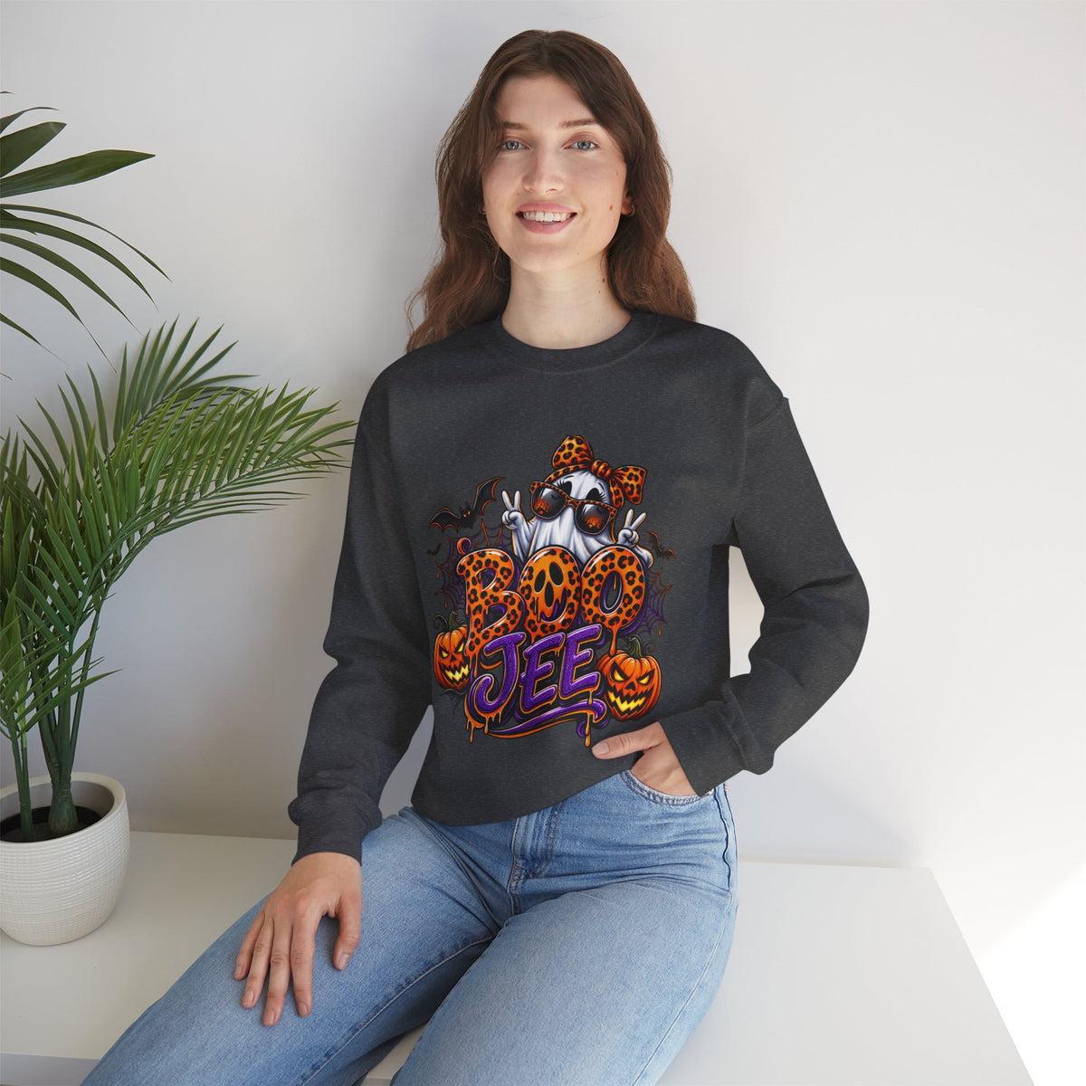 Halloween Ghost Crewneck Sweatshirt — 'Boo Jee' Leopard Pumpkin Graphic