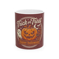 Halloween Trick or Treat Mug — Pumpkin, Ghost & Cat Ceramic Coffee Cup (11oz/15oz)