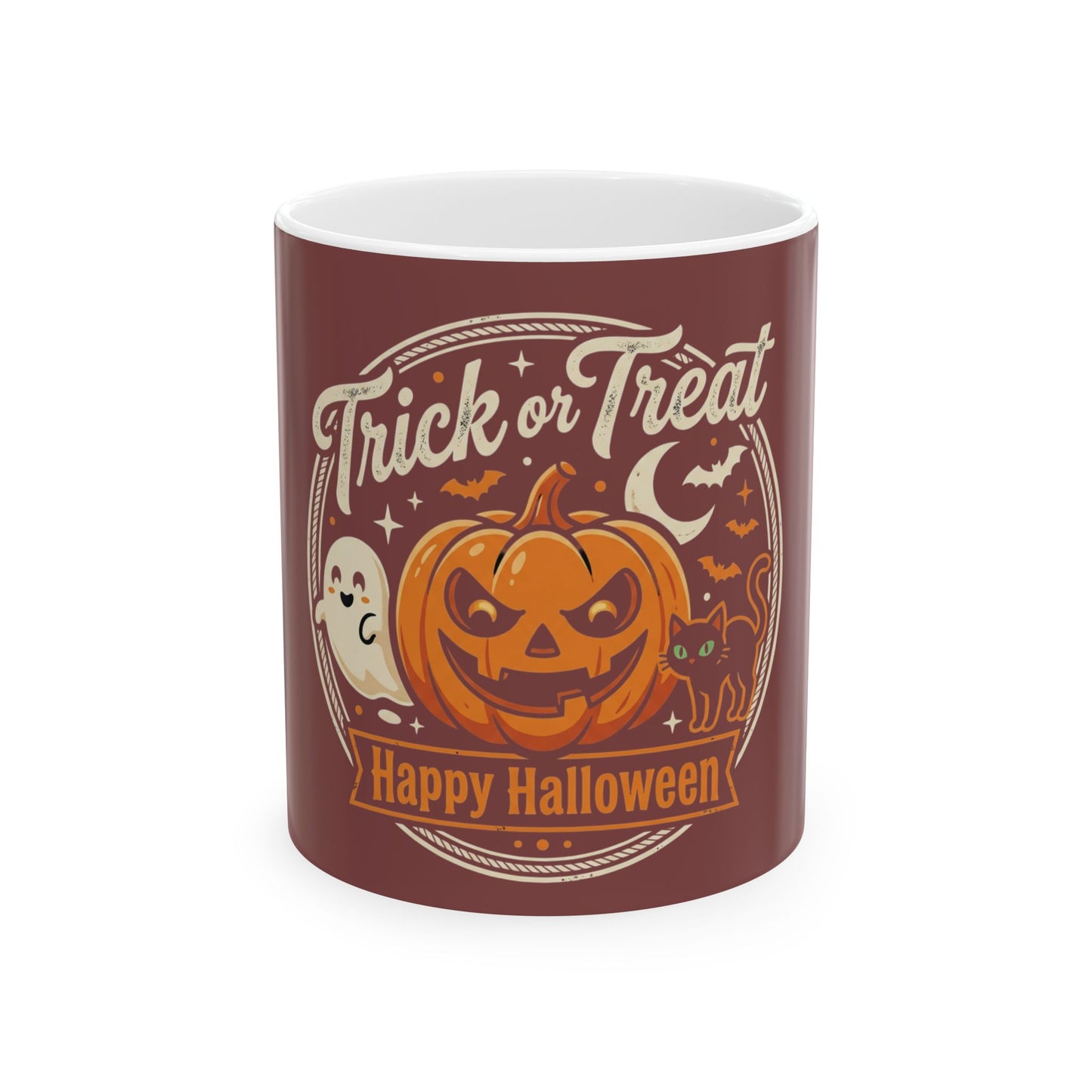Halloween Trick or Treat Mug — Pumpkin, Ghost & Cat Ceramic Coffee Cup (11oz/15oz)