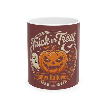 Halloween Trick or Treat Mug — Pumpkin, Ghost & Cat Ceramic Coffee Cup (11oz/15oz)