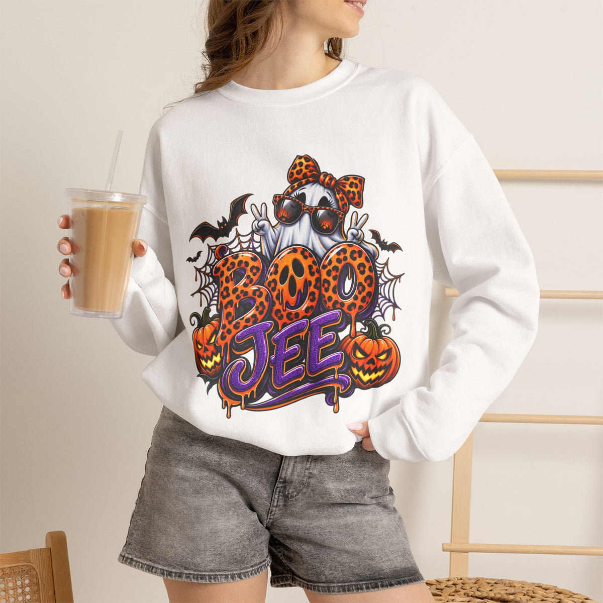 Halloween Ghost Crewneck Sweatshirt — 'Boo Jee' Leopard Pumpkin Graphic